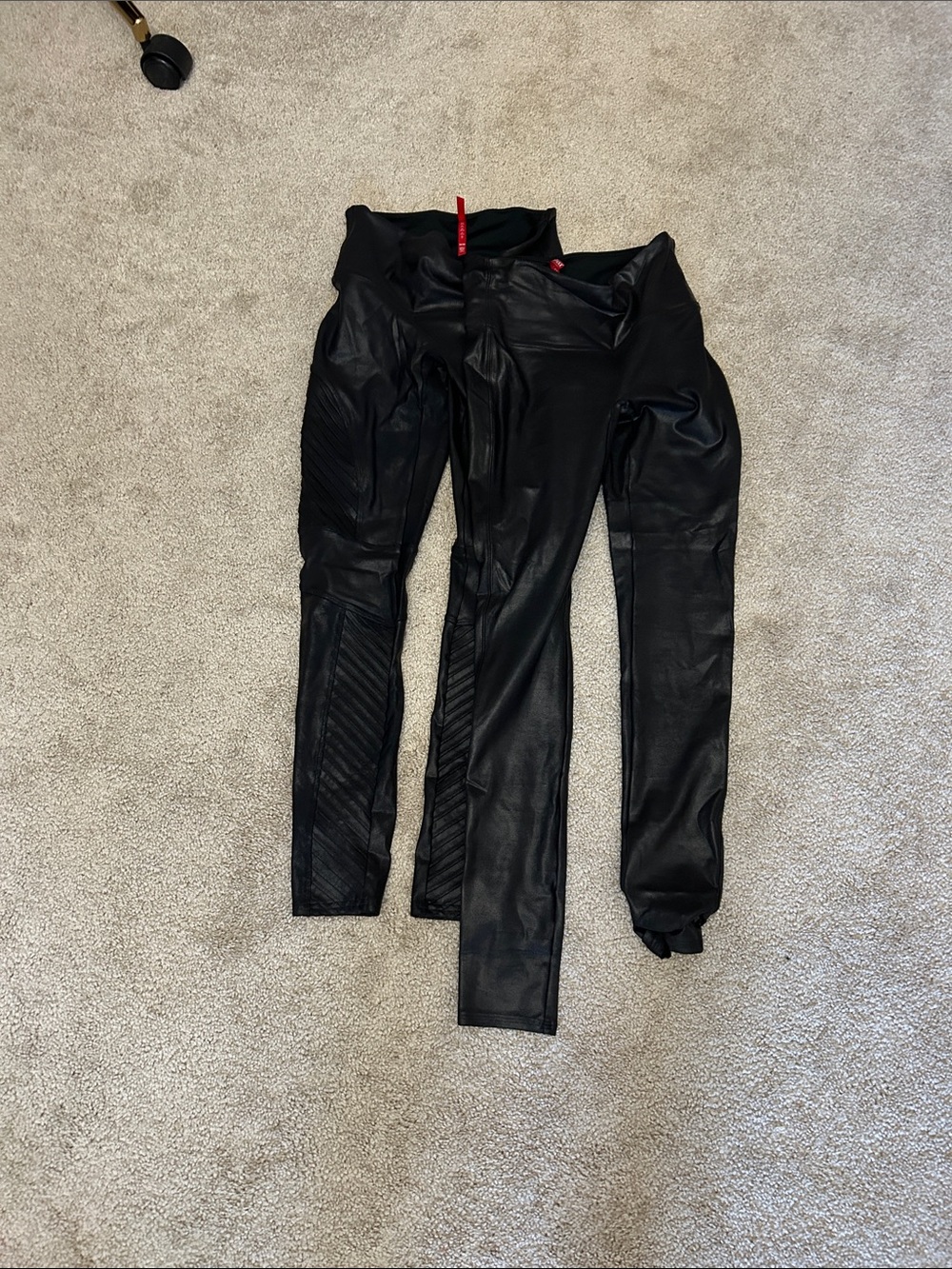SPANX Black Faux Leather Leggings with Red Branding